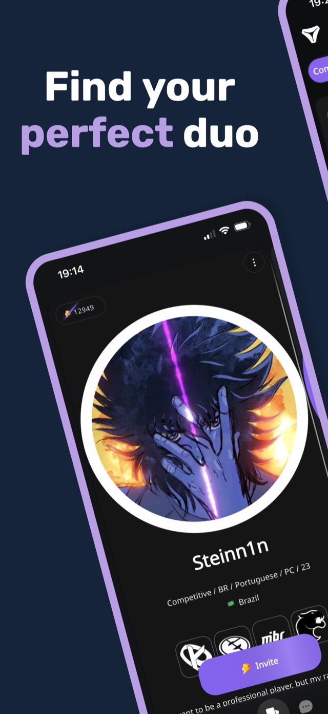 Player profile card with a duo invite