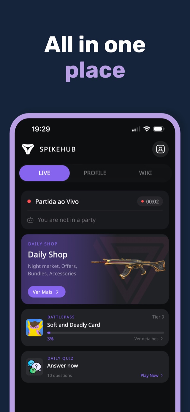 Home screen with live match, daily shop and quiz in one place