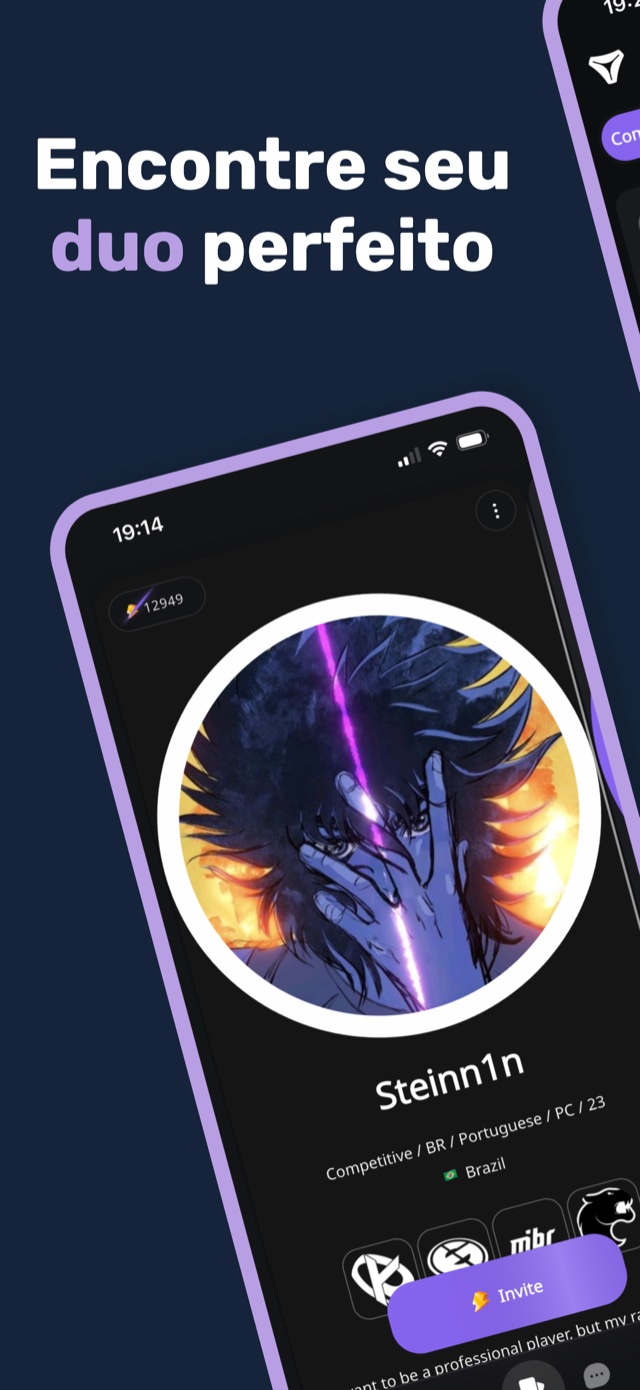 Card de perfil de jogador com convite para duo