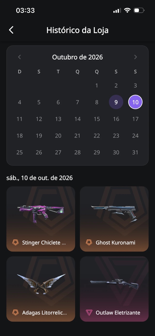 Histórico da Loja em calendário com as quatro skins do dia