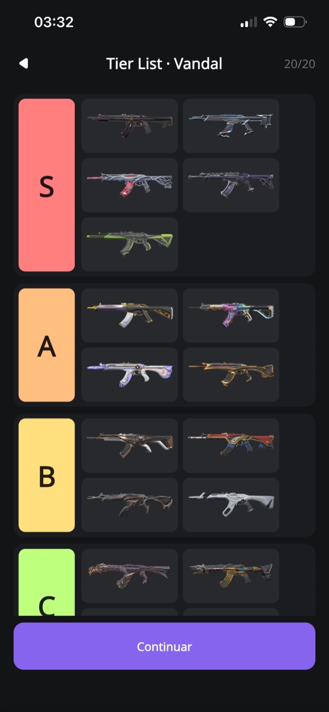 Editor de Tier List da Vandal com 20 skins nos tiers de S a D
