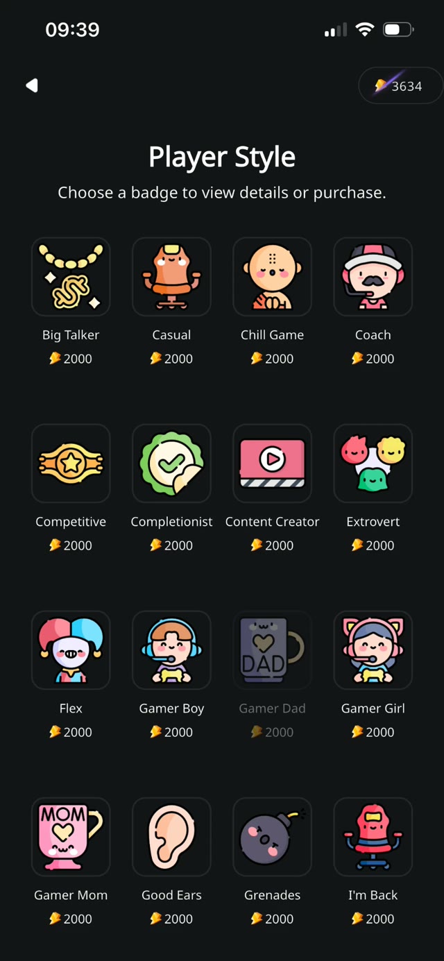Badges da categoria Estilo de jogador, cada um por 2000 de energia