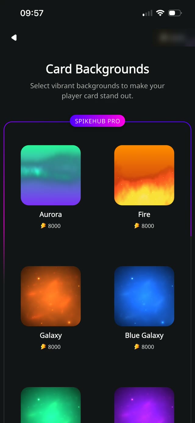 Fundos de card animados na seção SPIKEHUB PRO, como Aurora, Fire e Galaxy